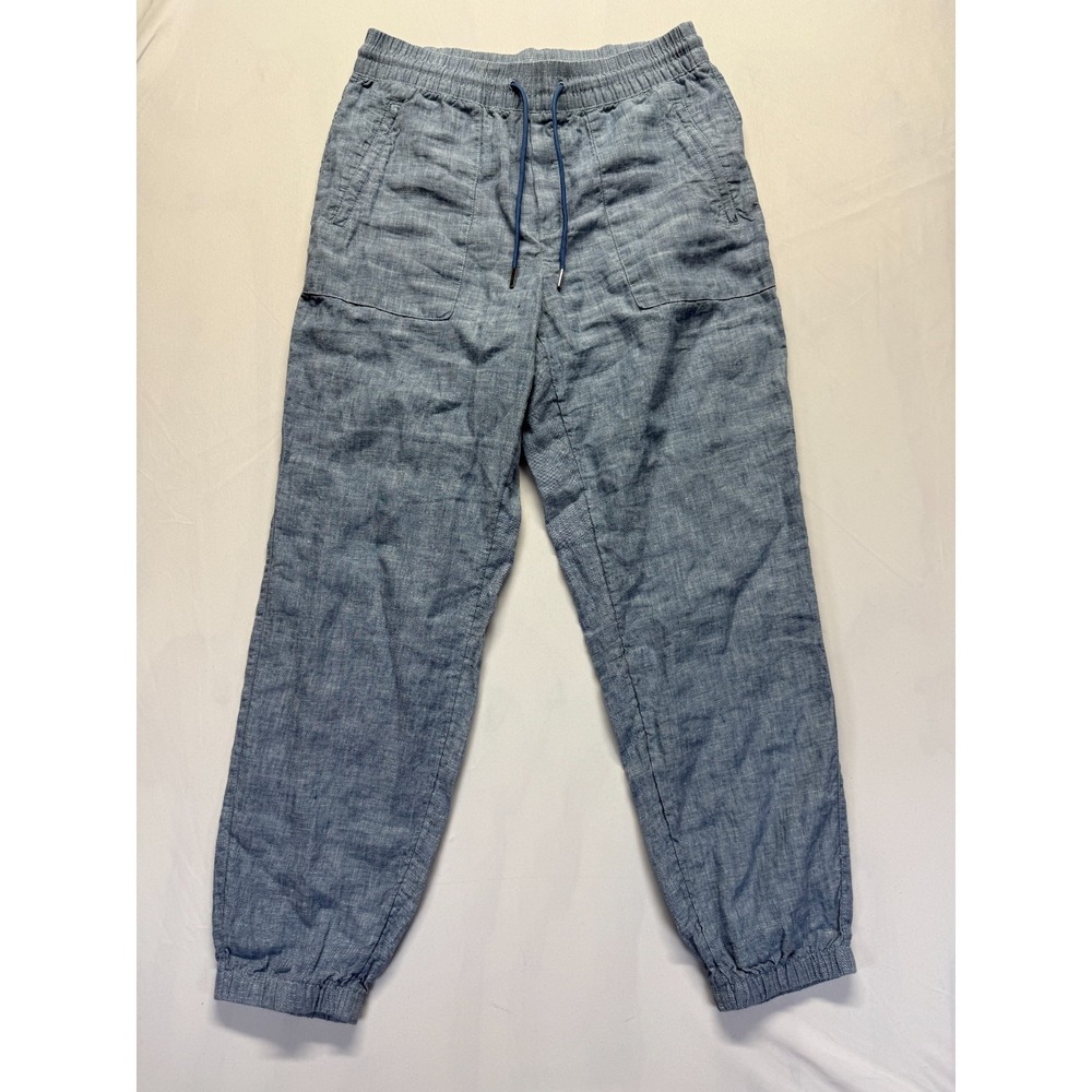 Athleta Retreat Jogger Pants Womens 8 Blue Linen Mid Rise Tapered Leg Drawstring
